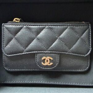 CHANEL Black Quilted Card Holder Wallet with Gold CC